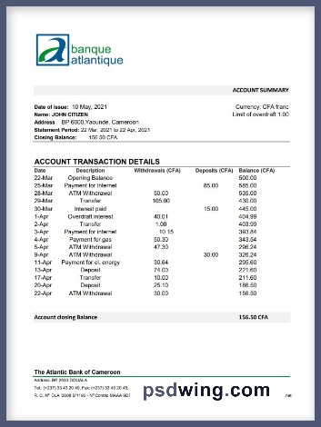 Cameroon Atlantic Bank Statement (Excel)